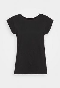 Schwarzes T-Shirt aus weichem Stoff, mit rundem Halsausschnitt und Kurzärmeln, lockerer Passform und ohne sichtbare Muster oder Verzierungen.