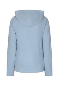 Giacca in pile azzurro chiaro con cappuccio, dotata di maniche lunghe e vestibilità comoda. Tessuto morbido e design semplice, senza decorazioni. Vista posteriore.