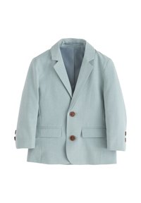 Lichtblauw colbert van een gestructureerde stof, voorzien van een reverskraag met inkeping, twee voorzakken en bruine knoppen als accenten op de sluiting en mouwen.