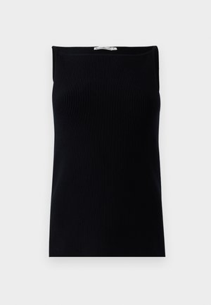 Black ribbed tank top with a straight neckline and sleeveless design, featuring a smooth texture and a fitted silhouette.