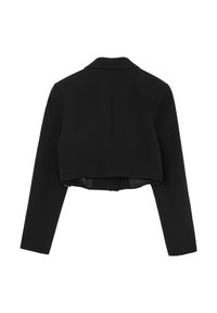 Blazer nero corto con maniche lunghe, revers appuntiti e texture liscia. Presenta un design pulito e minimalista senza decorazioni visibili.