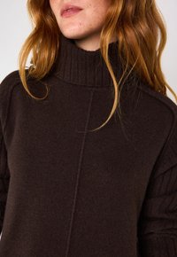 Maglione marrone a maglia con colletto alto a coste, dotato di maniche testurizzate e corpo liscio. Materiale morbido e caldo, design minimalista.