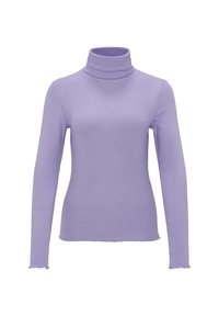 Hellpurpurnes, geripptes Langarm-Turtleneck-Oberteil mit einem leicht fransigen Saum und Ärmelbündchen.