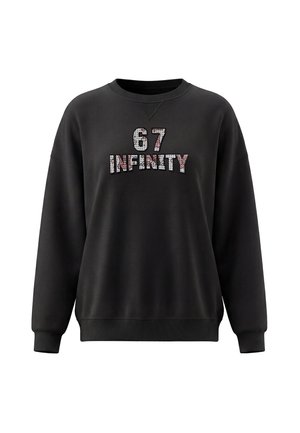 Sort langærmet sweatshirt med ribkant ved ærmer og kant, med teksten "67 INFINITY" dekoreret med små grafiske mønstre på fronten.