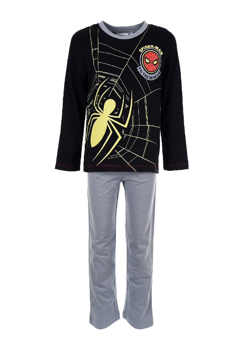 Czarna koszula z długim rękawem z żółtym graficznym motywem Spider-Mana i wzorem pajęczyny, w komplecie z jasnoszarymi spodniami. Miękki materiał, luźny krój.