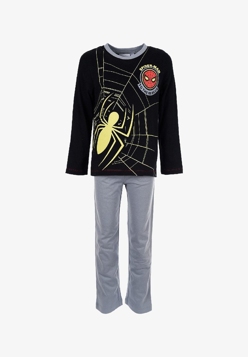 Maglietta a maniche lunghe nera con grafica gialla di Spider-Man e design a ragnatela, abbinata a pantaloni grigi chiari. Tessuto morbido, vestibilità comoda.