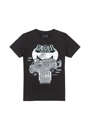 Schwarzes T-Shirt mit Marvel-Branding, das eine detaillierte Darstellung des Punisher Battle Van über einem weißen Totenkopf-Logo zeigt.