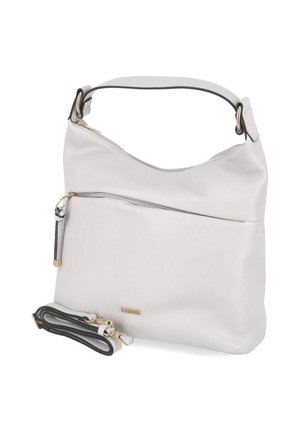 Weiße Lederhandtasche mit Tragegriff oben, vorderer Reißverschlusstasche, goldenem Logo und abnehmbarem Schulterriemen mit goldenen Verschlüssen, daneben gelegt.