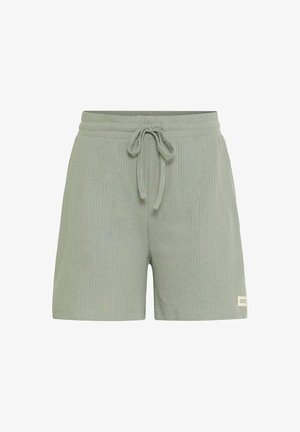 Vaaleanvihreät, uurretut shortsit, joissa on joustava vyötärö ja kiristysnauha. Sivussa on pieni etiketti. Pehmeä kangas ja rento istuvuus.