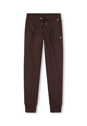 Pantalon de jogging marron foncé avec taille élastique et cordon, poches latérales, jambes fuselées et poignets côtelés.