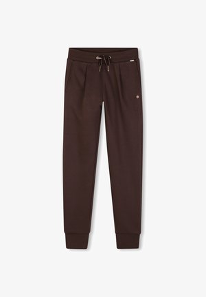 Donkerbruine joggingsbroek met elastische tailleband en trekkoord, zijzakken, taps toelopende pijpen en geribde boorden.
