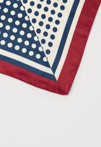 Zīda šalle ar tumši zilu un krēmkrāsas punktu rakstu, apmales krāsa bordozs ar trīsstūra dizainu. Gluda tekstūra un spīdums.