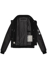 Black bomber jacket with a soft outer fabric, ribbed cuffs, and a zippered front. Interior features a plain lining and labeled pockets.