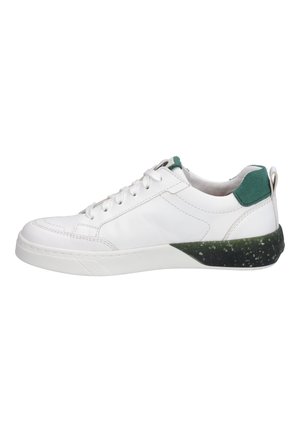 White leather sneaker with green suede heel accent and a speckled black and green outsole. Features lace-up front and stitched detailing.