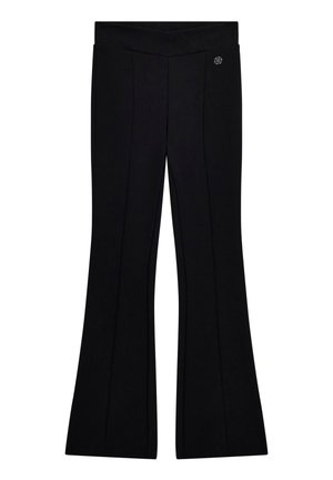 Schwarze ausgestellte Hose mit hoher Taille und dezenten vertikalen Nähten, mit kleinem rundem silbernem Logo an der rechten Hüfte.