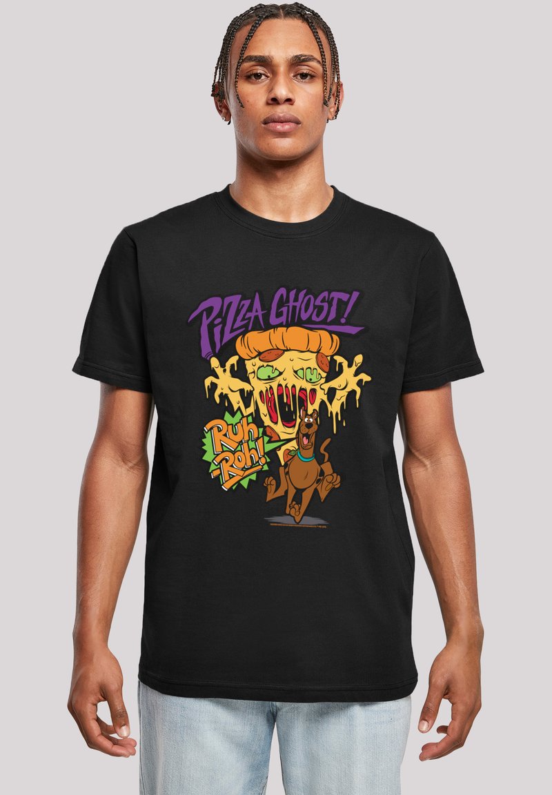 Melns kokvilnas T-krekls ar krāsainu grafiku, kurā attēlots spoks ar picu piedevām un multfilmu suns, ar krāsainiem uzrakstiem "Pizza Ghost!" un "Ruh Roh!"