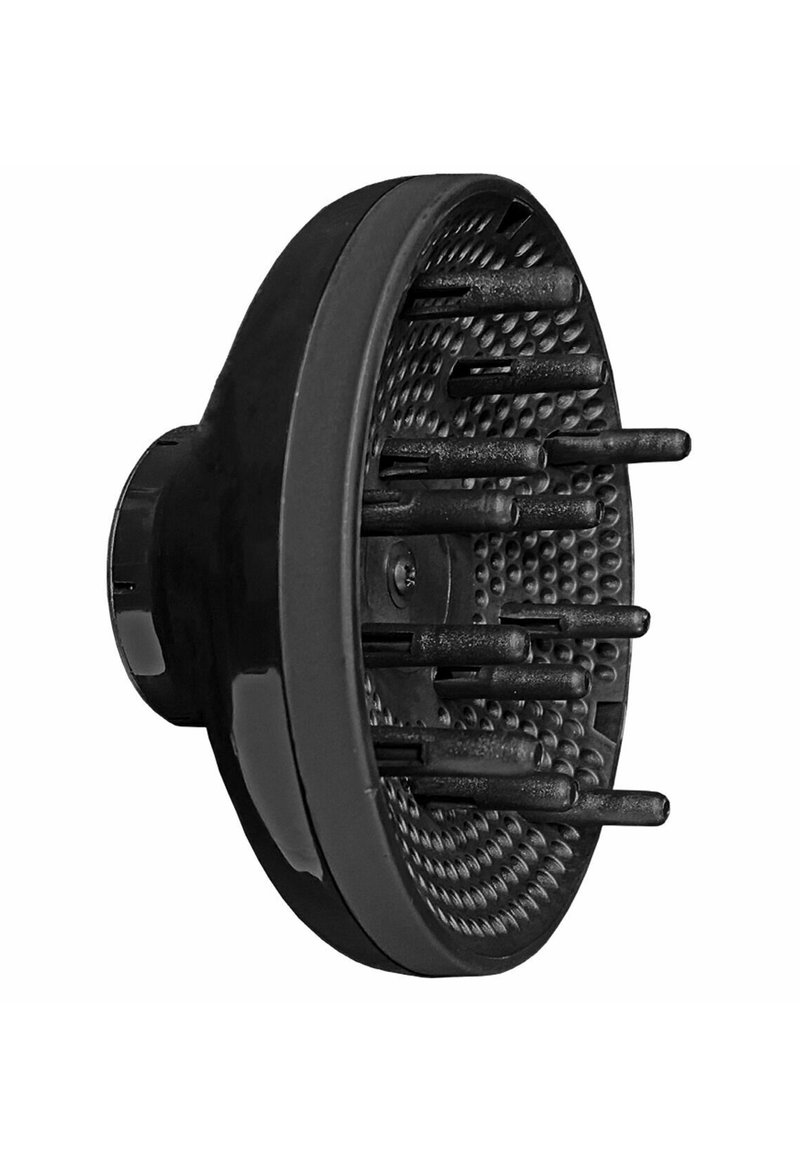 Zwarte diffuseropzetstuk met meerdere lange pennen, een getextureerd binnenoppervlak, een cirkelvormig ontwerp en een gladde buitenafwerking.