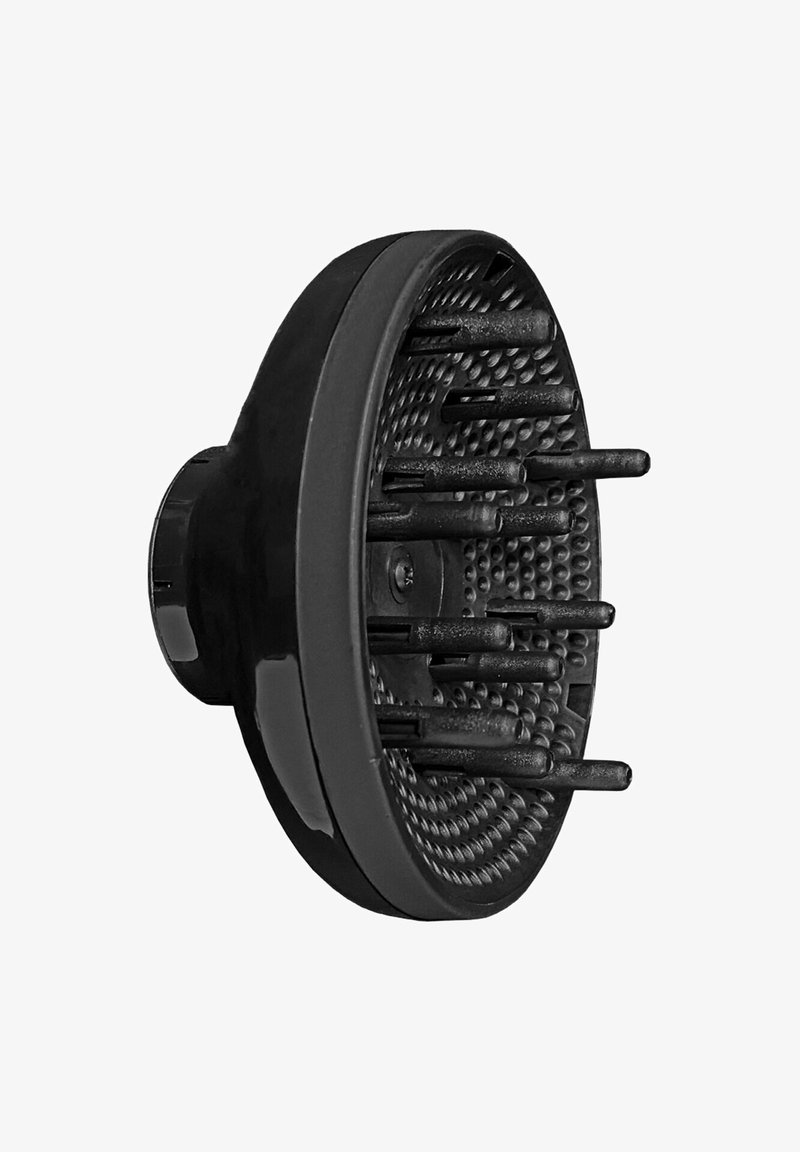 Black hair diffuser attachment with multiple long prongs, textured inner surface, circular design, and a smooth exterior finish.