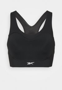 Soutien desportivo preto com costas em malha, copas moldadas e perfurações subtis. Apresenta um logótipo branco na parte da frente. Confeccionado em material elástico.