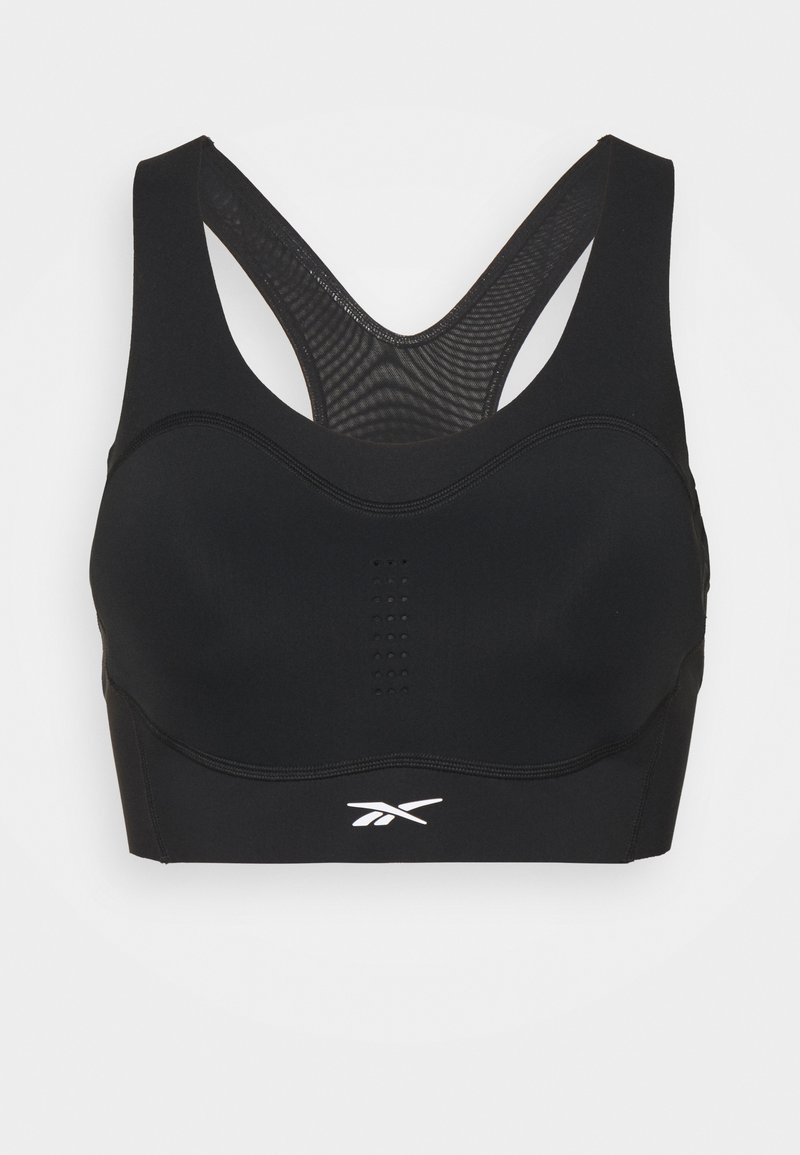 Soutien desportivo preto com costas em malha, copas moldadas e perfurações subtis. Apresenta um logótipo branco na parte da frente. Confeccionado em material elástico.