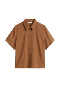 Korte mouwen, gekraagde shirt in een effen bruine stof. Heeft een knoopsluiting aan de voorkant en een ontspannen pasvorm met een gladde textuur.