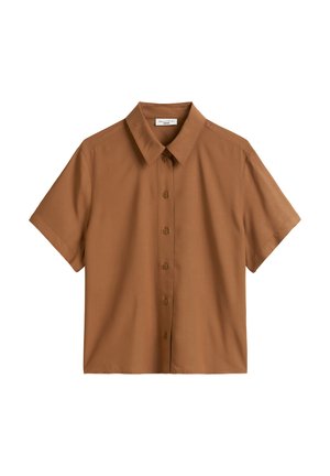 Short-sleeve, collared shirt in a solid brown fabric. Features a button-up front and a relaxed fit with a smooth texture.