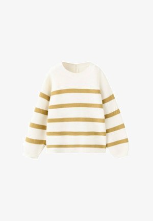 Pull rayé en tissu tricoté, présentant des rayures jaune doré de largeur égale sur un fond blanc et un col rond.