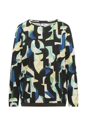 Top de manga larga con cuello redondo y patrón geométrico abstracto en tonos negro, azul, verde y amarillo, con la etiqueta "Cecil" en el cuello.