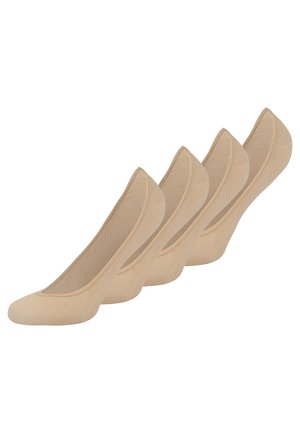 Beige Unsichtbare Socken im Set von vier. Weiches, atmungsaktives Material mit glatter Textur und runder Zehenform.