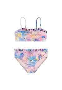 To-delte bikini-set med volanger på bralette og bukser, laget av elastisk stoff med et fargerikt undervannstrykk i pastellfarger.
