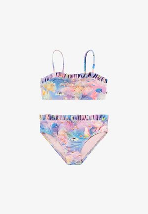 Ensemble de bikini deux pièces comprenant un haut à volants et un bas, fabriqué en tissu extensible avec un imprimé sous-marin coloré dans des teintes pastel.