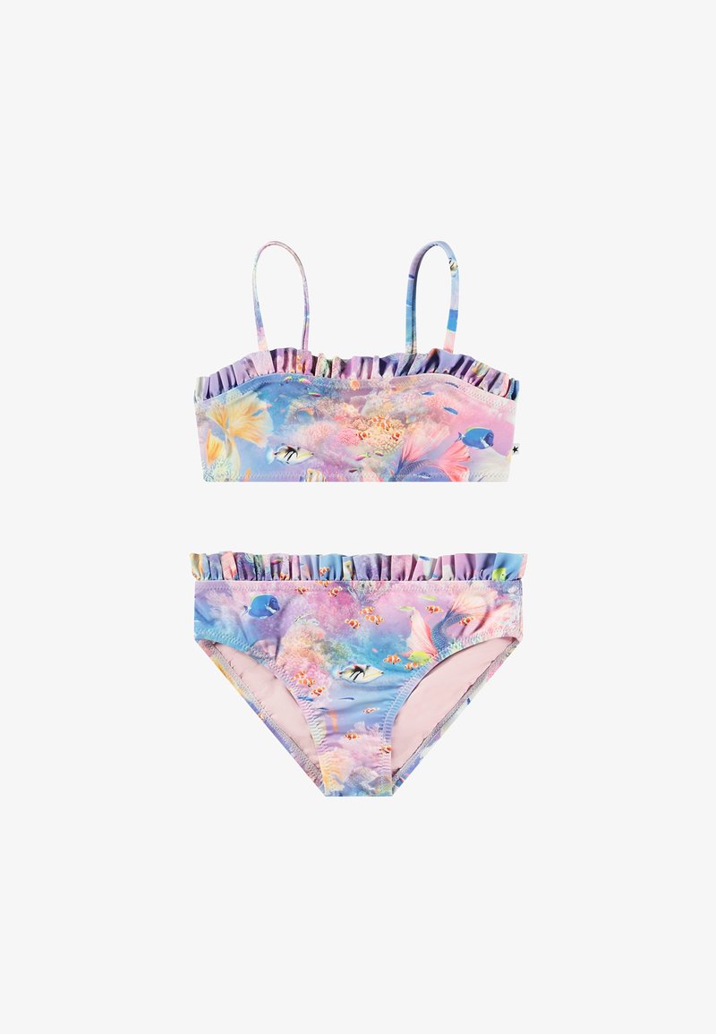 Kaksiosainen bikinit setti, jossa on röyhelöillä varustettu bralette ja alaosa, tehty joustavasta kankaasta, jossa on värikäs vedenalainen printti pastellisävyissä.