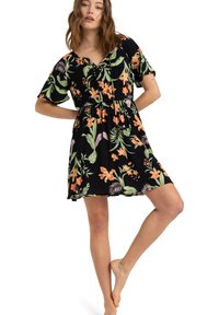 Black floral dress featuring short sleeves, a drawstring waist, and colorful orange and green floral patterns. Lightweight fabric with a relaxed fit.