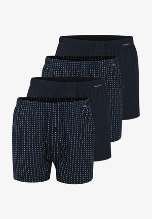 Dunkelblaue Boxershorts mit einem Muster aus hellblauen Rauten. Hergestellt aus weichem Stoff mit elastischem Bund und vorderem Knopfverschluss.