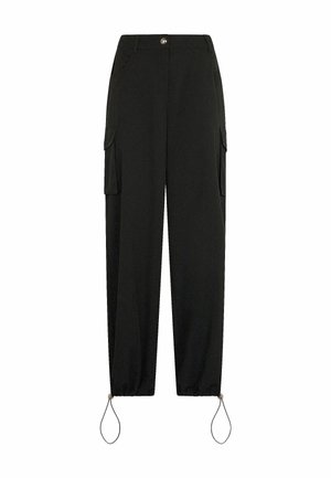 Pantalons cargo noirs à taille haute, avec deux poches latérales et des poignets élastiques aux chevilles. Fabriqués en tissu léger. Dotés d'une fermeture à bouton.