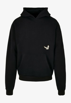 Black hoodie made of cotton with a kangaroo pocket. Features a small embroidered bird design on the chest and ribbed cuffs and hem.