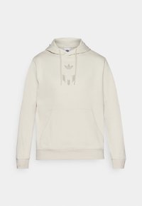 Beige Kapuzenpullover aus weichem Stoff mit einer Kängurutasche, verstellbarem Kordelzug und einem dezenten Logo auf der Brust.