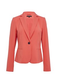 Koraalblazer van gladde stof, met een opvallende revers, sluiting met één knoop, en twee voorzakken. Getailleerde pasvorm met lange mouwen.