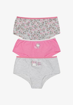 Tre paia di biancheria intima per bambini con disegni di Hello Kitty; i colori sono grigio chiaro con dettagli rosa, rosa pieno e grigio mélange.