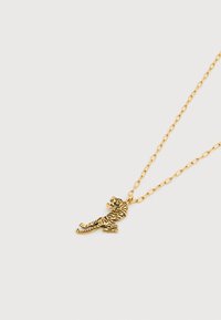 Χρυσή αλυσίδα λαιμού με μενταγιόν σε σχήμα τίγρης, που διαθέτει χαραγμένες ρίγες σε ανοιχτό φόντο.