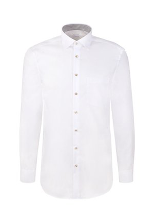 Weißes Langarm-Hemd mit Knopfleiste und spitzem Kragen, Fronttasche auf der linken Brust und kontrastierendem gemustertem Innenkragen.