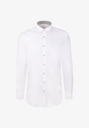 Camicia bianca a maniche lunghe con colletto a punta, taschino sul lato sinistro del petto e colletto interno a fantasia contrastante.