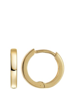 Small, smooth gold hoop earrings with a hinged clasp, shown from side and front angles on a white background.