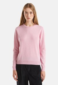 Maglione di lana rosa chiaro con maniche lunghe, scollatura rotonda e polsini e orlo a coste. Morbido al tatto, silhouette aderente.