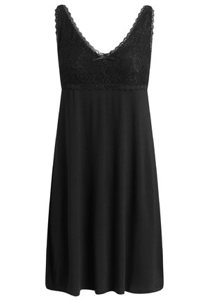 Vestido negro con cuerpo de encaje, escote en V profundo y tirantes finos. Tejido suave y fluido que se extiende en una falda suelta de longitud hasta la rodilla.