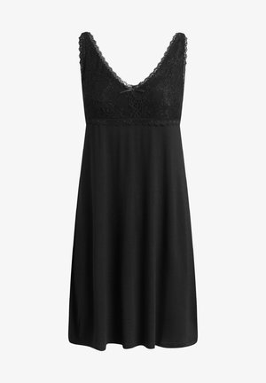 Schwarzes Kleid mit einem Spitzenoberteil, tiefem V-Ausschnitt und Spaghettiträgern. Weicher, fließender Stoff, der in einen lockeren, knielangen Rock übergeht.