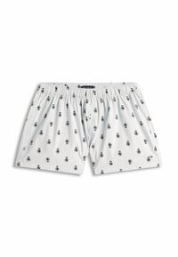 Bóxers de algodón con un patrón de rayas verticales en azul claro con logotipos negros. Cintura elástica y detalle de bragueta con botones.