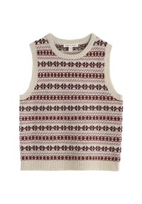 Adīts bez piedurknēm džemperis ar krēmveida fona krāsu un bordo, rozā un tumši violeti ģeometriskiem rakstiem. Ribots kakla izgriezums un apakšmala.