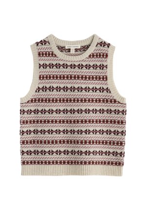 Pull sans manches en tricot avec un fond crème et des motifs géométriques en bordeaux, rose et violet foncé. Col et ourlet côtes.