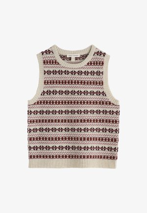 Pull sans manches en tricot avec un fond crème et des motifs géométriques en bordeaux, rose et violet foncé. Col et ourlet côtes.